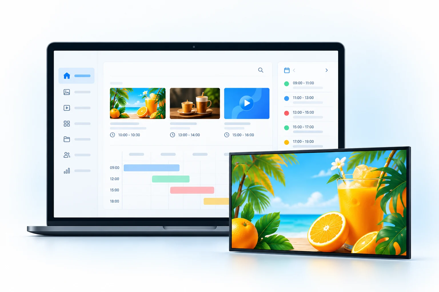 Minh họa laptop quản lý nội dung và màn hình hiển thị