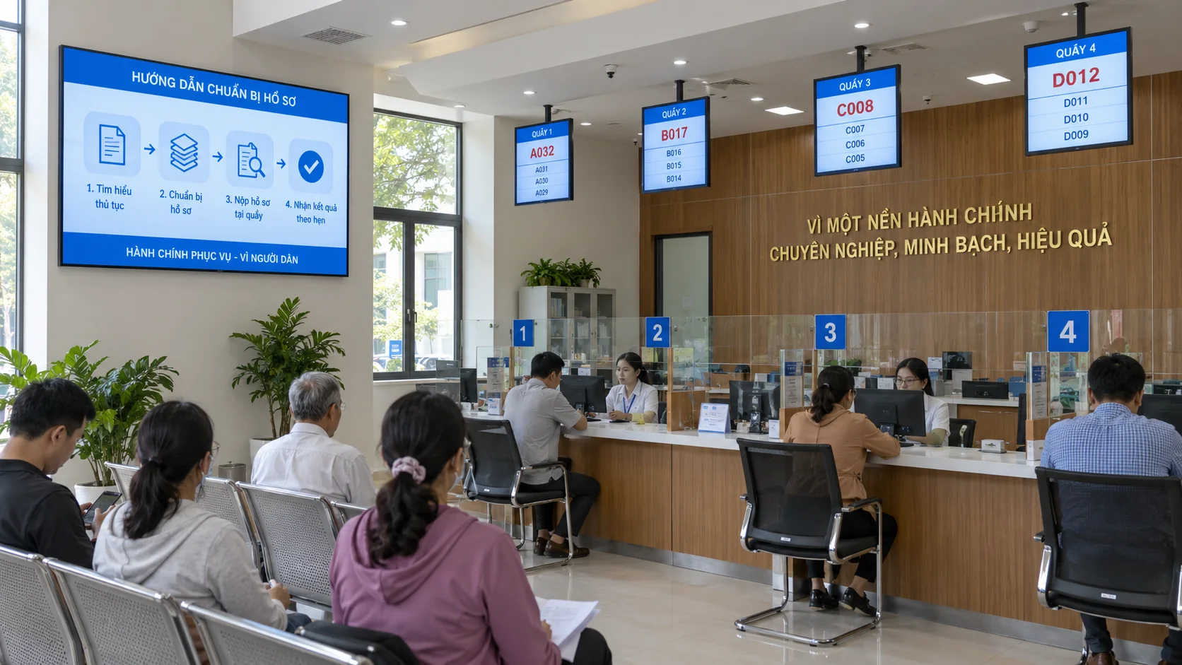 Minh họa digital signage cho cơ quan và trung tâm dịch vụ: khu tiếp đón và màn hình thông tin