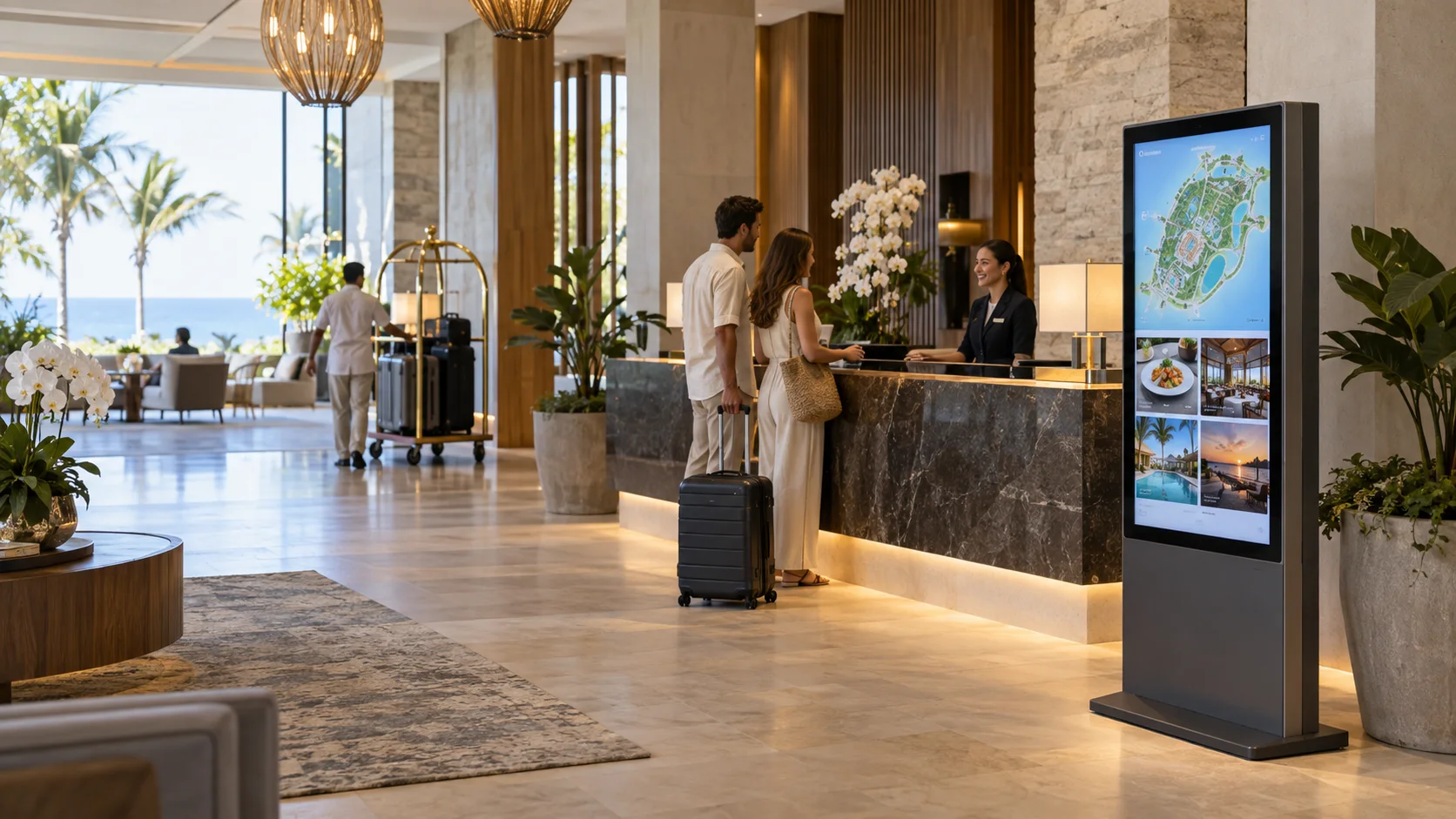 Minh họa digital signage cho khách sạn và resort: sảnh lễ tân và màn hình thông tin