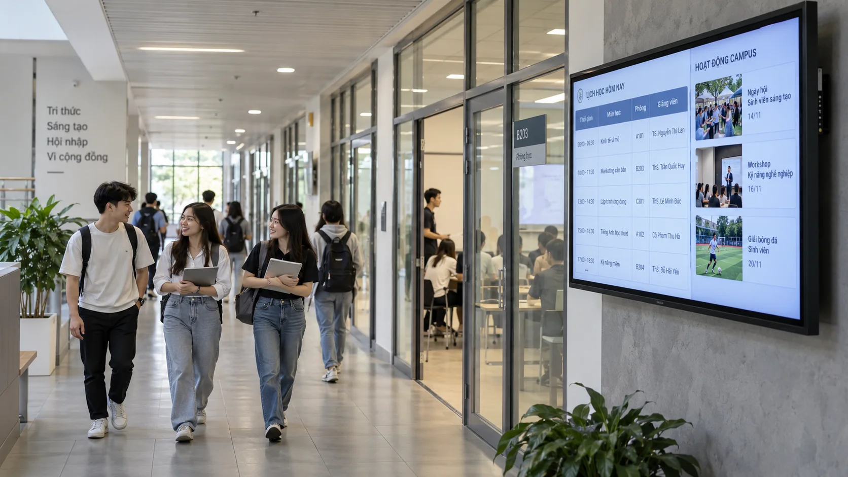 Minh họa digital signage cho trường học và trung tâm đào tạo: sảnh và khu tiếp đón và màn hình thông tin